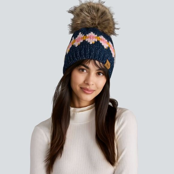 PANACHE Navy, Pink & Mustard Patterned Pom Pom Beanie Hat - Picture 2 of 4